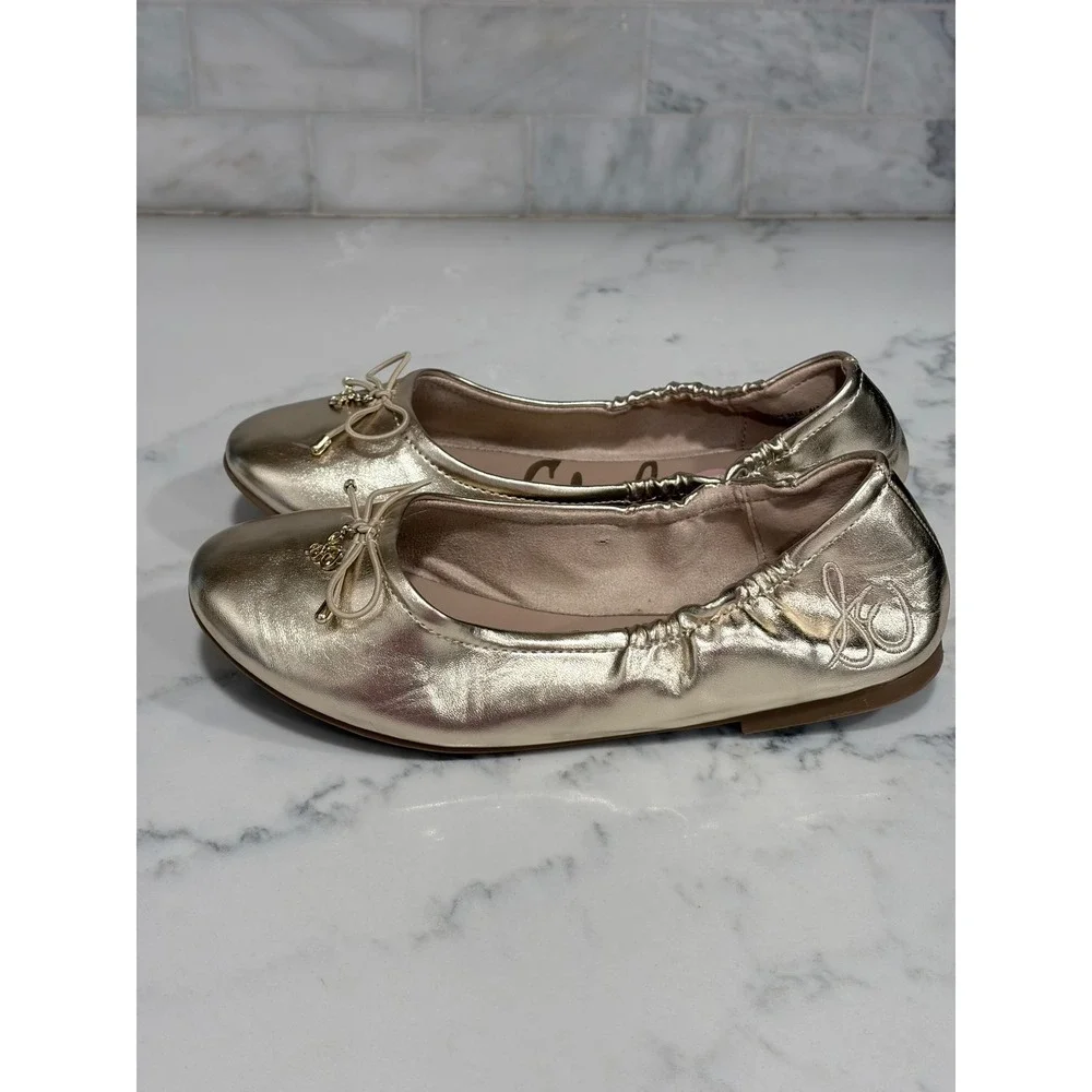 Sam Edelman Kids Felicia Metallic Gold Ballet Flats Bow Logo Charm Size 4